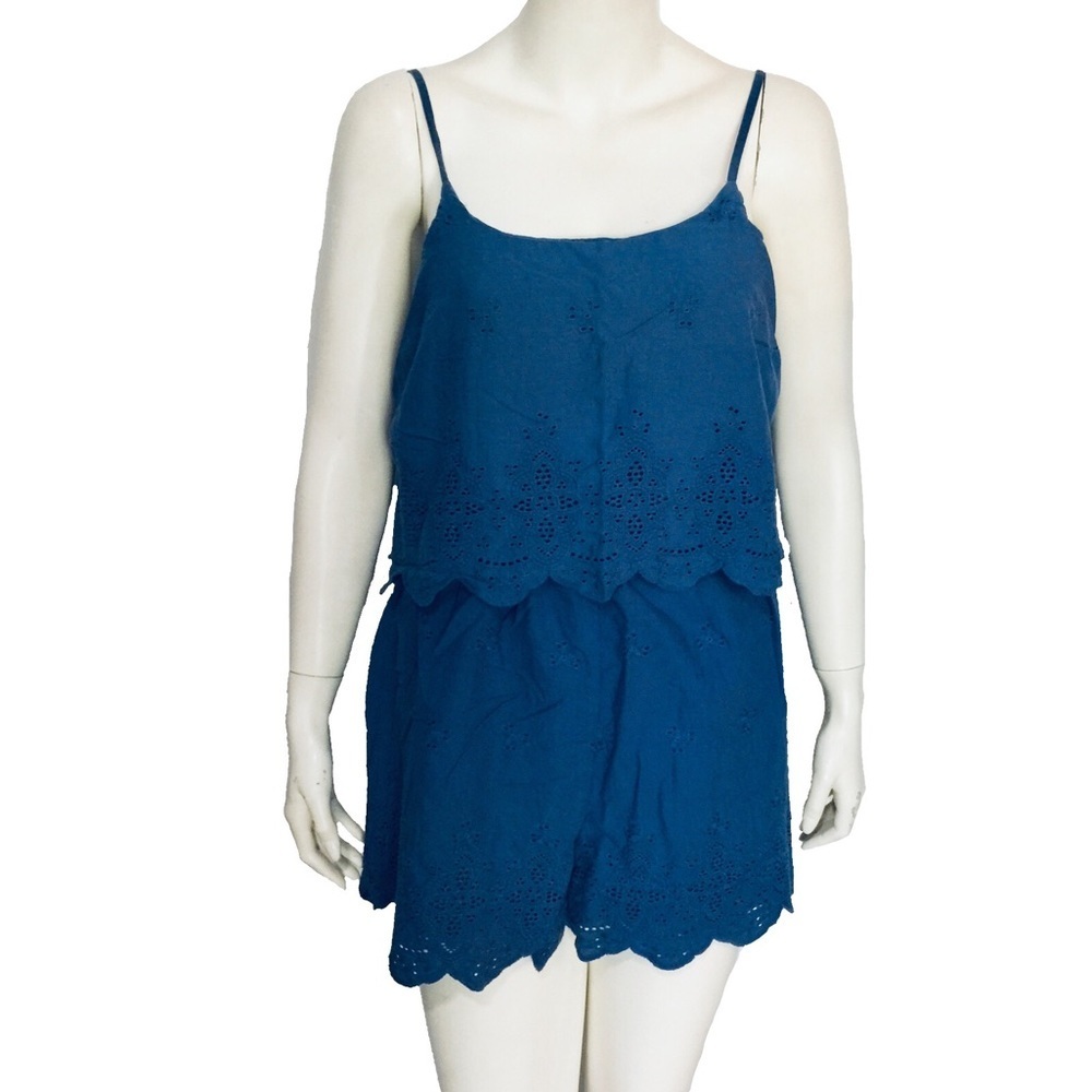 XHILARATION | Womens Blue Denim Lace Romper Size M